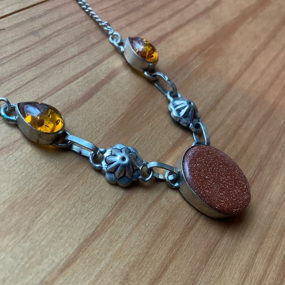 Sterling, goldstone and amber necklace - Picture 5 of 8